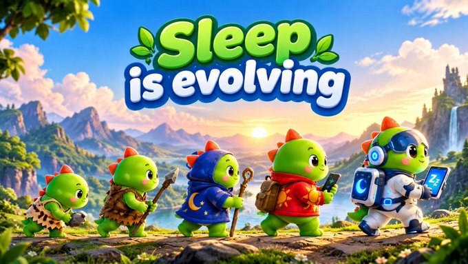 A colorful 3D-rendered graphic titled 'Sleep is evolving' depicts the evolution of small green creatures, progressing from a caveman with a club to an astronaut with a tablet, set against a vibrant landscape at sunset.