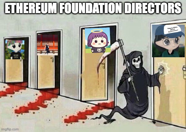 The image features a cartoon depiction of a Death Star holding up a sign that says "Ethereum Foundation Directors", with four doors surrounding him. The doors are labeled with different names, including "Ethereum Foundation Directors" and "Charlie Brown". A person wearing a hat is also present in the scene.