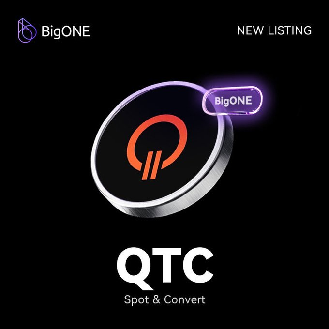 A promotional graphic for BigONE exchange announcing a new listing for QTC token, featuring a 3D rendered coin and 'Spot & Convert' text.