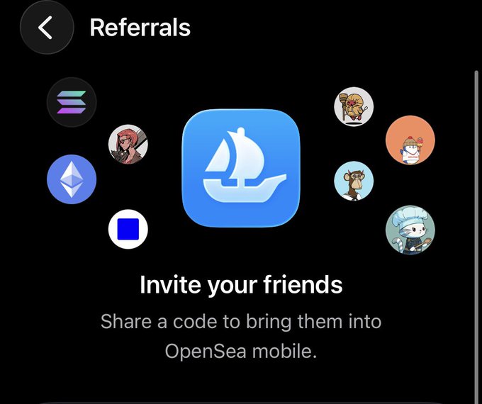 The image shows an OpenSea mobile app referral screen featuring the iconic blue sailing ship logo, surrounded by various NFT profile pictures, with the text "Invite your friends - Share a code to bring them into OpenSea mobile." This directly relates to the post about giving away three OpenSea invite codes, highlighting the platform's new referral feature alongside its integration of the Robinhood network for memecoin trading.