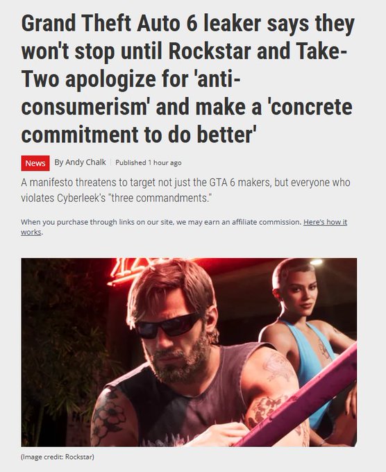 A news article headline reads "Grand Theft Auto 6 leaker says they won't stop until Rockstar and Take-Two apologize for 'anti-consumerism' and make a 'concrete commitment to do better,'" featuring a Rockstar image of two GTA characters (a tattooed man with sunglasses and a woman in a blue top), which connects to the accompanying post about the $CYBERLEEK memecoin tied to the GTA 6 leak narrative.