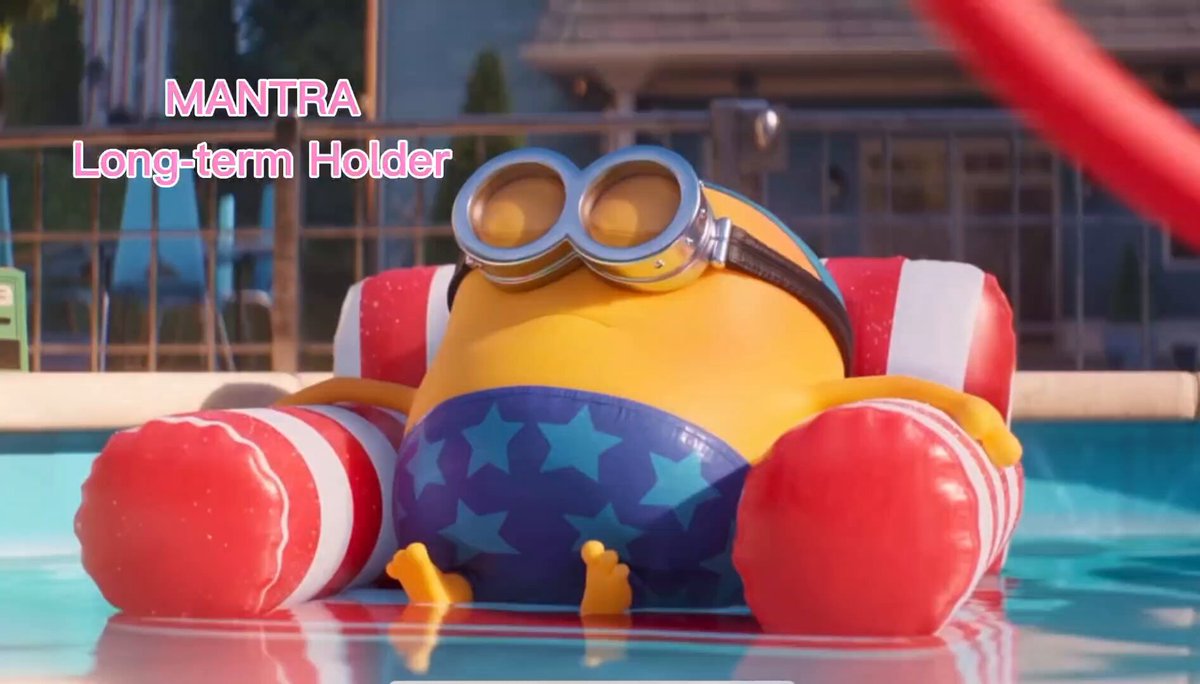 The image features a cartoon character wearing a swimsuit with an American flag design, sitting in a pool surrounded by red floaties. The caption for the image reads "I spent a few hours yesterday silently reading messages in the unofficial @MANTRA_Chain Trading TG Channel. Let me tell you something, going on and on and on about the same thing won'n improve things. And this is exactly what MANTRA Team is".