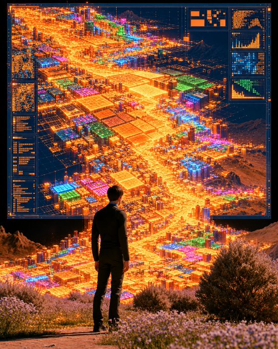 Digital art depicts a person standing in a desert landscape looking up at a massive glowing holographic display of a futuristic, neon-lit city with data interfaces on either side.