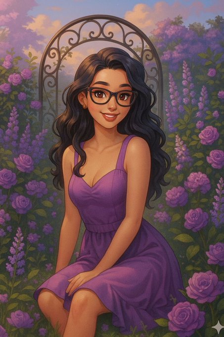The image features a woman sitting among purple flowers wearing glasses and a purple dress. The background of the image includes a garden with purple flowers, creating an overall serene atmosphere. The caption provided seems unrelated to the main subject matter or the artist's work. It could be a random thought or statement that doesn't directly relate to the image but is included for context or to provide additional information about the post.