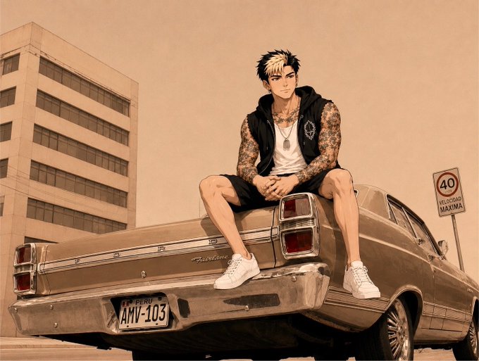 An anime-style illustration of a young man with dark and blonde hair, wearing a black vest over a white tank top, sitting on the back of a Ford Fairlane car with a Peruvian license plate reading 'AMV-103', set against a city backdrop with a '40 Velocidad Maxima' sign.