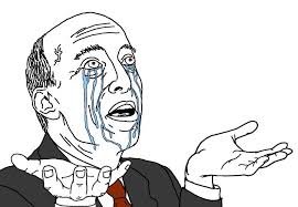 Black and white illustration of a bald, crying man in a suit with raised hands, gesturing as if pleading or explaining in exasperation.