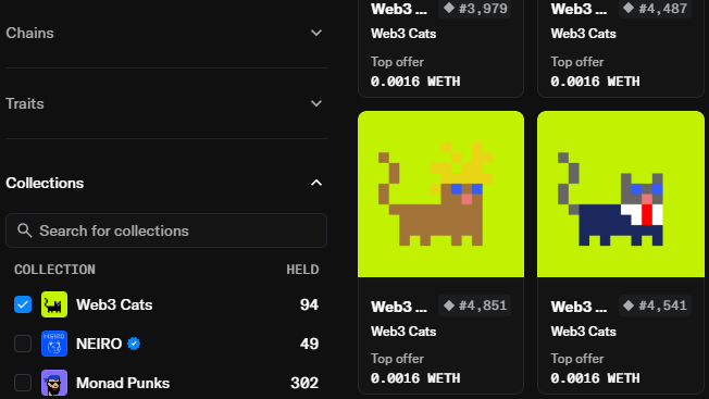 A dark-themed NFT marketplace interface showing a 'Collections' sidebar with 'Web3 Cats,' 'NEIRO,' and 'Monad Punks,' alongside listings of pixel-art cats for sale on the Web3 chain with top offers in METH.