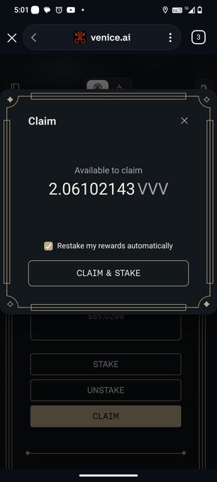A mobile screenshot of the venice.ai app shows a 'Claim' interface offering '2.06102143 VVV' available to claim, with 'CLAIM & STAKE', 'STAKE', 'UNSTAKE', and 'CLAIM' buttons.