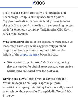 An Axios article screenshot reporting on Truth Social's parent company Trump Media and Technology Group (TMTG) parting ways with crypto firm TAE, with interim CEO Kevin McGurn commenting on refocusing the media arm.