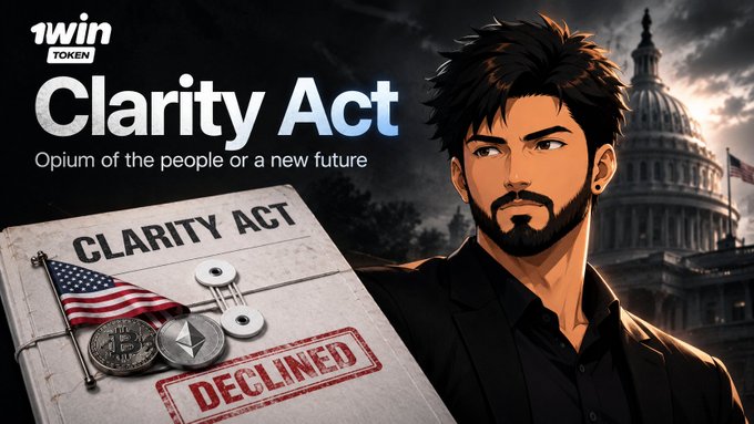 A promotional graphic for '1win Token' featuring an illustrated man with the U.S. Capitol in the background, the 'Clarity Act' title, and a document marked 'DECLINED' with American and crypto flags.