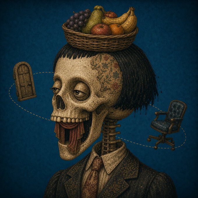 Surreal illustration of a skull-headed figure in a suit with a basket of fruit on its head, a tiny door, and a floating chair, set against a blue background.