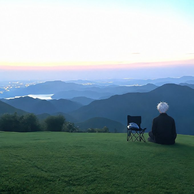 A person with white hair sitting on a grassy hill next to a folding chair, looking out at a scenic mountain landscape with a lake in the distance during twilight.