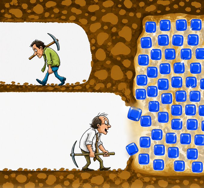 A 2D cartoon illustration depicting two miners in a cave, with one walking away dejectedly while the other looks excited at a massive wall of blue gemstones.