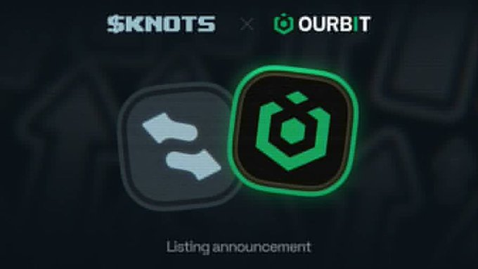 A 'Listing announcement' graphic for 'SKNOTS' and 'OURBIT', displaying their respective logos on a dark background.