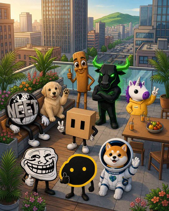 A cheerful group of cartoon characters—including a Shiba Inu in an astronaut suit labeled "ASTEROID," a trollface meme, a "NEET" globe figure, a cardboard box character, a black bull, and a unicorn—gather on a city rooftop deck with drinks, posing for the camera alongside the caption "Good morning bros Still generational."

The image playfully represents a diverse cast of crypto and internet meme personalities (such as Shiba Inu, NEET, and trollface) hanging out together, reflecting the "generational" community spirit and camaraderie often celebrated in crypto culture.