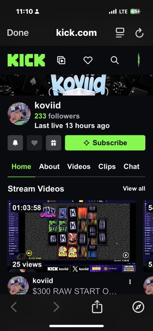 A mobile screenshot of the kick.com profile for "koviid", which has 233 followers, showing a stream video thumbnail titled "$300 RAW START O..." playing a slot machine game.