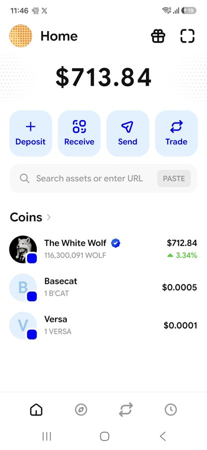 A crypto wallet app screenshot showing a balance of $713.84 with holdings in The White Wolf ($712.84, up 3.34%), Basecat ($0.0005), and Versa ($0.0001).