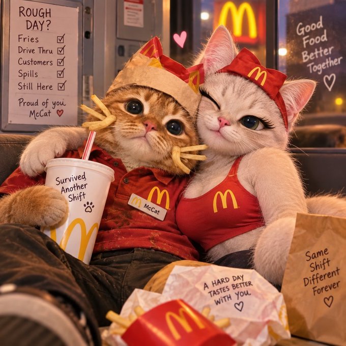 Two adorable cats dressed in McDonald's-themed outfits sit together in a stylized promotional image with text like 'ROUGH DAY?' and 'Good Food Better Together'.