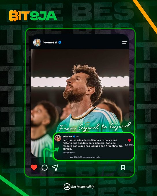 A Bit9ja social media post featuring a photo of Lionel Messi in an Argentina jersey looking upward, with a Spanish caption from user "cristiano" beginning with "Leo, tantos años a tu pais..." and the overlay text "From legend to legend".