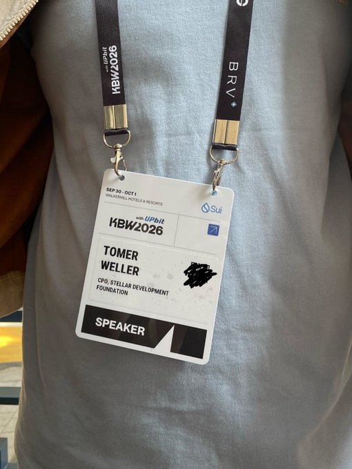 A speaker badge for Tomer Weller, CPO of Stellar Development Foundation, at the KBW2026 conference held September 30 - October 1 at Balzers Inn Hotels & Resorts.