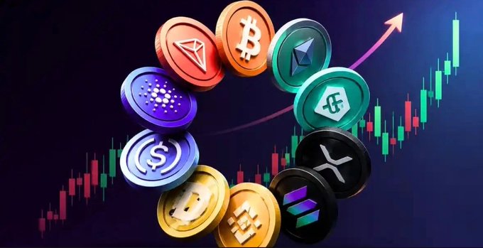 A 3D illustration of various cryptocurrency coins including Bitcoin, Ethereum, Tron, Solana, and XRP arranged in a circular pattern against a background of a financial candlestick chart with an upward trending arrow.