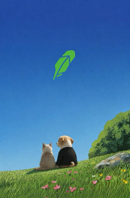 A cat and dog wearing a suit sit together on a grassy hillside, gazing up at a green rocket-shaped logo soaring into a clear blue sky. The whimsical illustration mirrors the post's sentiment about the enduring bond between two companions, with the upward-flying rocket symbolizing their combined journey and ambition.