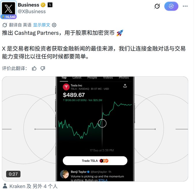 A post from X (Twitter) Business account announcing Cashtag Partners for stocks and crypto, featuring a Tesla (TSLA) stock chart showing $489.67.
