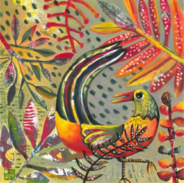 A colorful, mixed-media painting featuring a stylized bird with a grey speckled body, yellow crest, and orange/red accents surrounded by brightly patterned leaves.