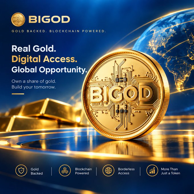 Advertisement for 'BIGOD' featuring a gold coin with circuit board design, promoting 'Real Gold. Digital Access. Global Opportunity' with gold-backed features.