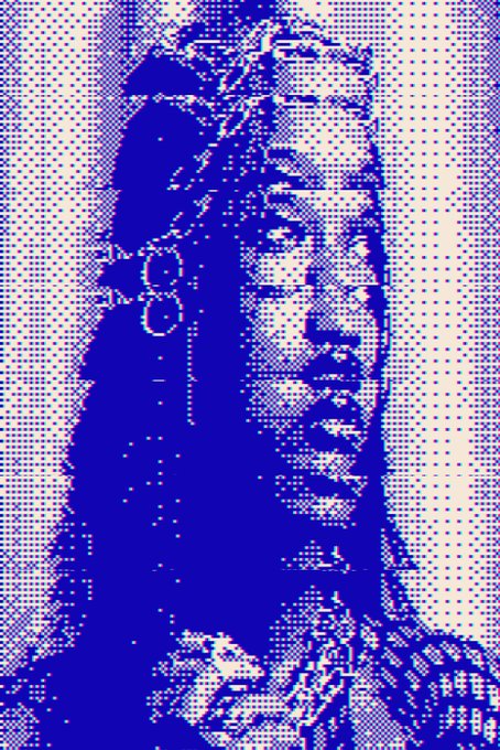 There is an artwork of a person that is facing away from the camera, captured by @objktcom. It appears to be a portrait, showcasing someone's features in profile view. The art style resembles pixel art or photomultiplication technique where dots are used to create images. In this particular image, the artist has added a few details such as text and possibly an embedded link to a special edition image of the PPPORTRAITS collection with PIXXXEL for users who have access to that specific post. The focus should be on what is in the image and how it relates to the post's content.