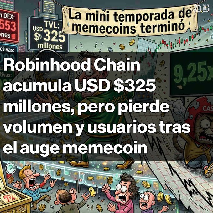 A Spanish-language article header from Diario Bitcoin with the headline 'Robinhood Chain acumula USD $325 millones, pero pierde volumen y usuarios tras el auge memecoin,' illustrated with a cartoon meme scene.