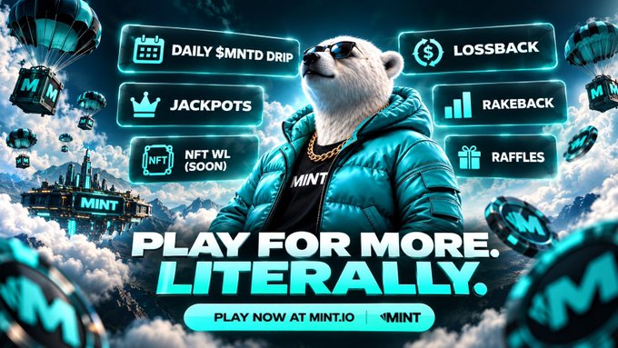 A promotional graphic for MINT features a polar bear in sunglasses wearing a teal puffer jacket with floating 'M' tokens and parachutes, displaying text: 'DAILY $MNTD DRIP', 'LOSSBACK', 'JACKPOTS', 'NFT WL (SOON)', 'RAKEBACK', 'RAFFLES', 'PLAY FOR MORE. LITERALLY. PLAY NOW AT MINT.IO'.