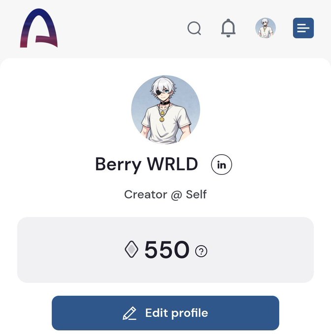 A profile page screenshot for 'Berry WRLD' marked as 'Creator @ Self', showing an anime avatar, a score of '550', and an 'Edit profile' button.