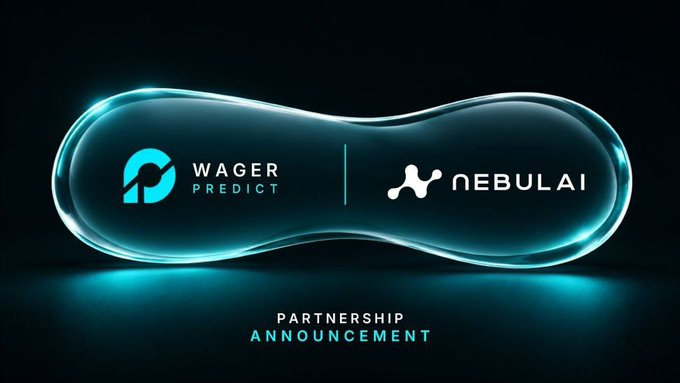 A glowing cyan infinity-shaped graphic announcing a partnership between 'Wager Predict' and 'Nebul AI' with the text 'PARTNERSHIP ANNOUNCEMENT' below.