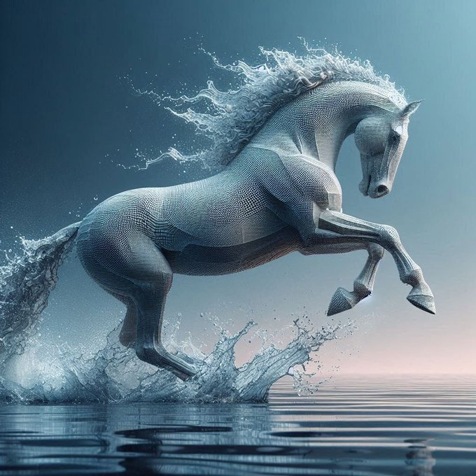 A digital artwork of a metallic, pixelated horse rearing up and splashing through water against a blue twilight sky.