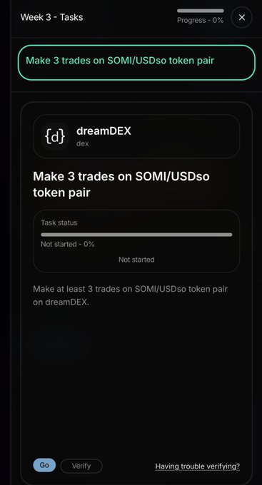 A dark-themed task interface for Somnia Week 3 displays the prompt "Make 3 trades on SOMI/USDso token pair" on dreamDEX, with a status of "Not started - 0%." The accompanying instructions confirm the task involves executing 3 trades on the SOMI/USD pair at app.dreamdex.io before verifying completion at odyssey.somnia.network.