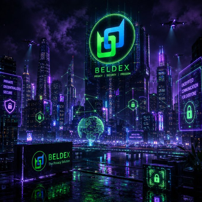 A cyberpunk-style cityscape at night featuring glowing neon green and purple signs for 'BELDEX' with text including 'PRIVACY | SECURITY | FREEDOM', 'PRIVATE DECENTRALIZED SECURE', and 'ENCRYPTED COMMUNICATION FOR EVERYONE'.