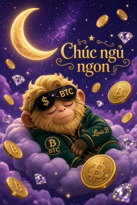 Illustration of a cute monkey sleeping on a cloud under a crescent moon, wearing a green 'Louis B' robe and a '$ BTC' sleep mask, surrounded by Bitcoin coins and diamonds with the text 'Chúc ngủ ngon'.