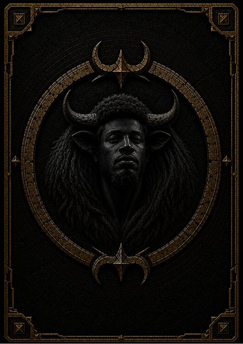 A dark, ornate Genesis Drop card back featuring a horned, mystical figure with a regal face framed by an elaborate gold circular border and decorative corners, designed as an exclusive reward for $ANSEM holders with 100+ tokens in their wallet. The card back's dark aesthetic and detailed craftsmanship reflect the rarity and collectible nature of the reward, symbolizing the elite status within the $ANSEM community narrative.