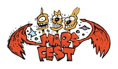 A "WARD FEST" logo featuring three cartoon beer mugs with grinning faces above red bat-like wings.