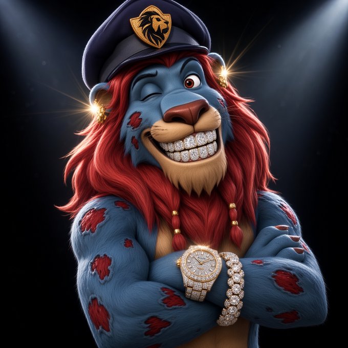 A stylized digital illustration of a blue lion character with a red mane, wearing a police hat, diamond earrings, and a diamond-encrusted watch and bracelet.