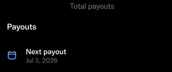 A "Total payouts" screen showing a "Next payout" scheduled for July 3, 2026, which illustrates the poster's frustration about not receiving their 𝕏 payout yet.
