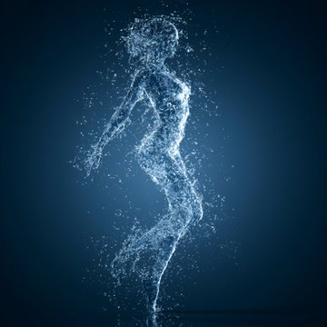 A figure composed of splashing blue water stands against a dark blue background, visually embodying the text "Blue in my work."