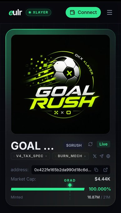 "@Eulr_Official" appears at the bottom of the post, "@Grad", which implies that the project has been successfully graduated or achieved a milestone. The @XlayerOfficial logo also connects to this post; hence indicating the creator or owner behind the project's success. The main focus remains on Goal Rush and its relation to football, specifically predicting match outcomes with players' names like "#okb" or "@grush".