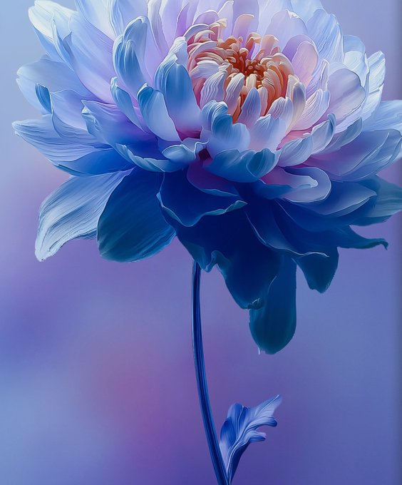 A digital painting of a large blue and white flower with peach-colored center petals against a soft purple gradient background.