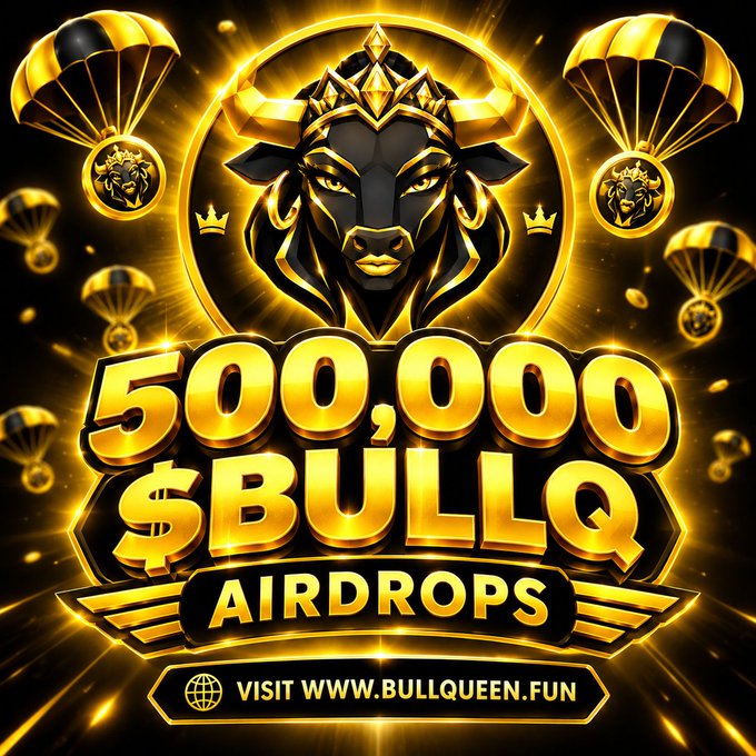 A promotional graphic for BULLQ featuring a golden crowned bull emblem and parachutes, advertising a "$500,000 $BULLQ AIRDROPS" event with the call to "VISIT WWW.BULLQUEEN.FUN," visually reinforcing the post's announcement of a SOL-based airdrop where participants receive 100,000 $BULLQ tokens.
