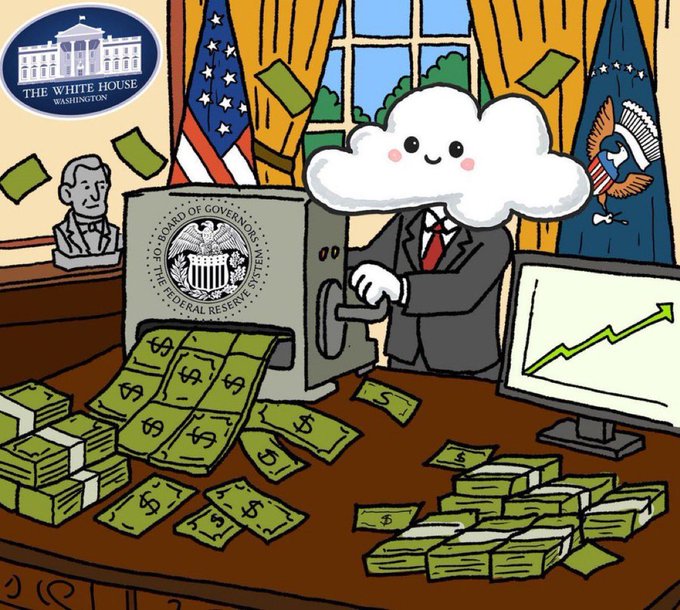The image features a cartoon depiction of a man dressed as a businessman with a cloud headdress over his head, standing at a desk surrounded by stacks of money. The post also includes text that reads "$AIR - (Prelaunch) Launching today at 6PM UTC Expecting this to do very well. Check out their TG for more info. The thinnest air ever is here, ready to take Solana by storm". This suggests a connection between the man's cloud headdress and the concept of money in the image.