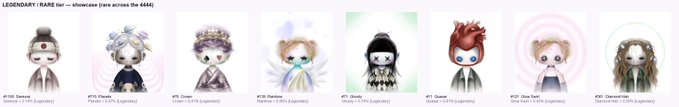 The image showcases a lineup of eight "LEGENDARY: RARE Set" digital collectible characters, labeled #138 through #145 (Spectre, Piexot, Doze, Rainbow, Ursula, Goose, Glue Gun, and Dobrowski), highlighting unique and exclusive artwork. This visual aligns with the post's message by emphasizing the authenticity and originality of their art collection, countering fake mint attempts and reinforcing the legitimacy of their official launch.