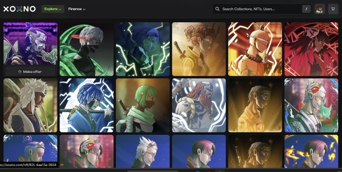 A screenshot of the XOXNO NFT marketplace displays a grid of 18 character profile cards from the R2L collection on the MultiversX blockchain, with the highlighted top-left card marked "Miko offer" and the URL xoxno.com/nft/R2L-6a15e-9654 visible at the bottom—showcasing the variety of stylized anime-style avatars that could be among the 10 Legendary NFTs referenced in the post.