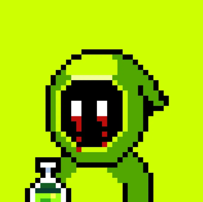 A pixel art illustration of a character wearing a green hooded outfit, displaying a dark face with red and white eyes against a bright green background.